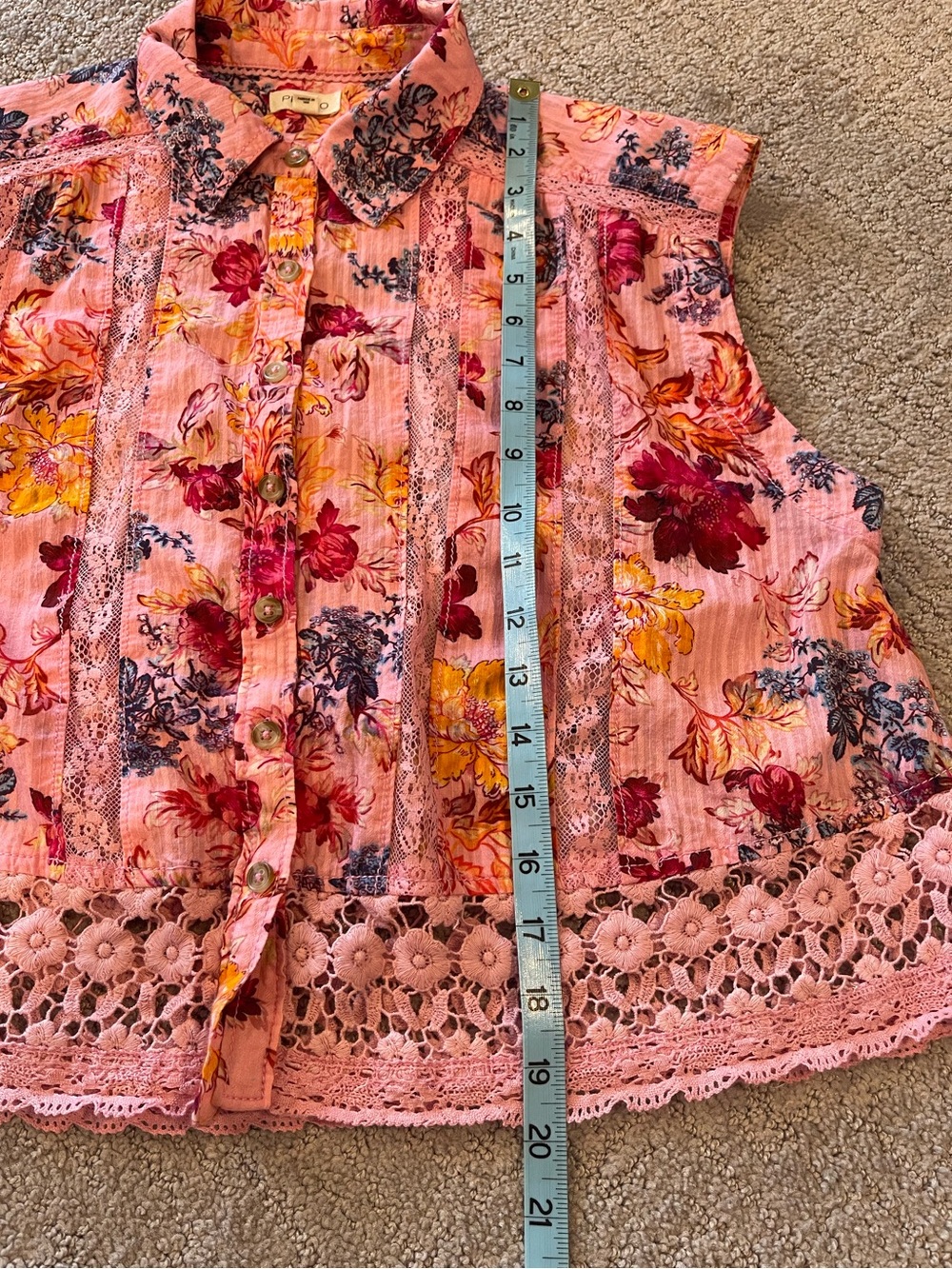 Pilcro-Anthropologie Pink Floral Lace-Trim Sleeveless Button Front Blouse, XS - Picture 10 of 12